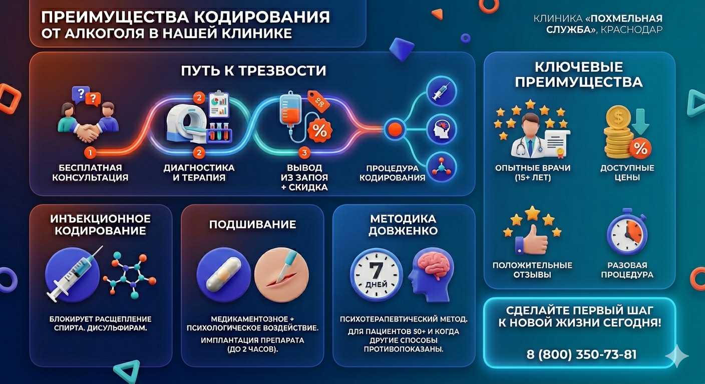 Инфографика о методах кодирования от алкоголя в Фурманове: инъекции, подшивание, метод Довженко. Преимущества клиники и этапы лечения.